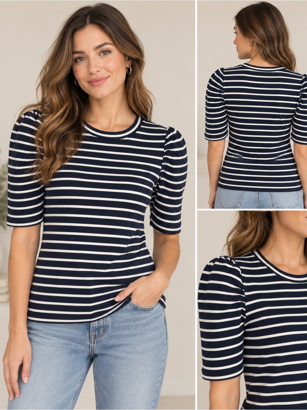 Alice McCall Space Place Tee Size M Navy White Stripe Puff Sleeve Top